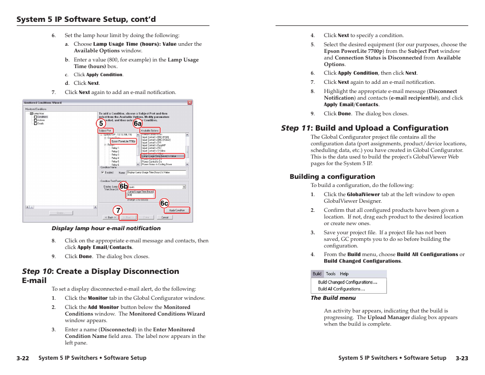 Step 10: create a display disconnection e-mail, Step 11: build and upload a configuration, Building a configuration | Step 10 : create a display disconnection e-mail, Step 11 : build and upload a configuration, Building a configuration -23, System 5 ip software setup, cont’d, Step 10 : create a dsplay dsconnecton e-mal, Step 11 : buld and upload a configuraton | Extron Electronics System 5 IP Series Setup Guide User Manual | Page 26 / 27