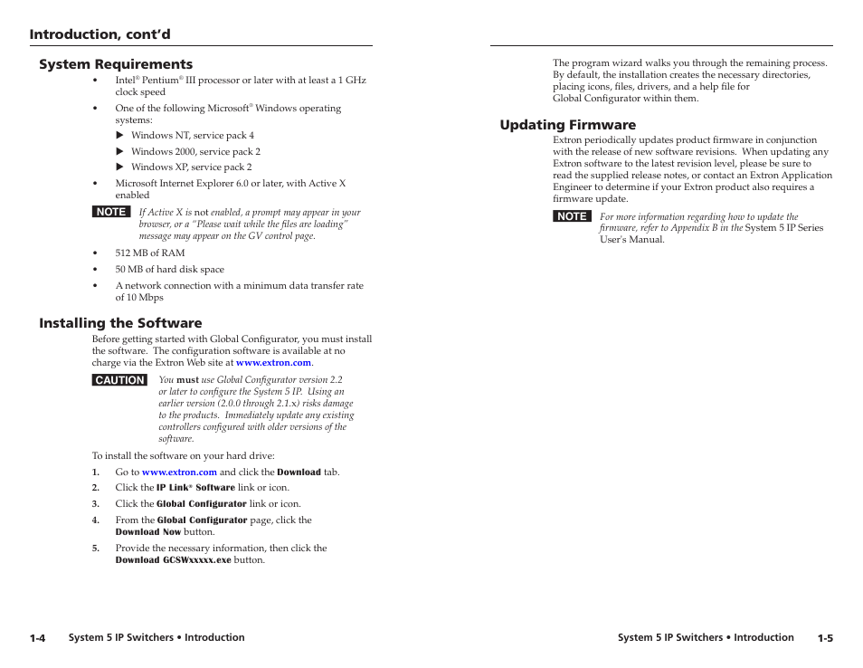 System requirements, Installing the software, Updating firmware | Introducton, cont’d, System requrements, Installng the software, Updatng frmware | Extron Electronics System 5 IP Series Setup Guide User Manual | Page 7 / 27