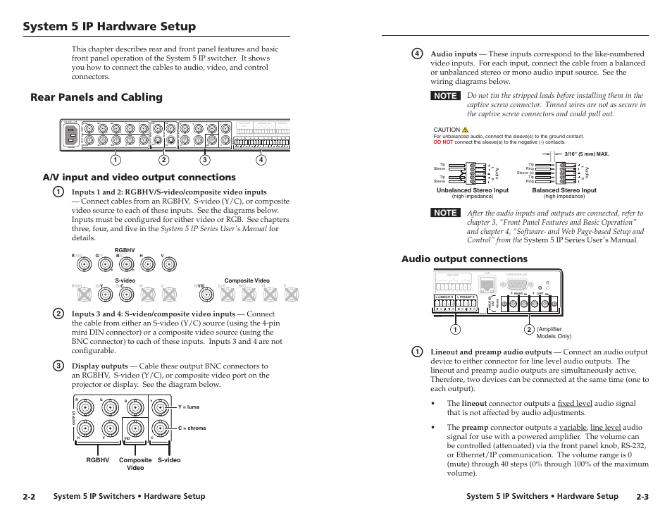 Rear panels and cabling, A/v input and video output connections, Audio output connections | System 5 ip hardware setup, Rear panels and cablng, A/v nput and vdeo output connectons, Audo output connectons, System 5 ip switchers • hardware setup | Extron Electronics System 5 IP Series Setup Guide User Manual | Page 9 / 27