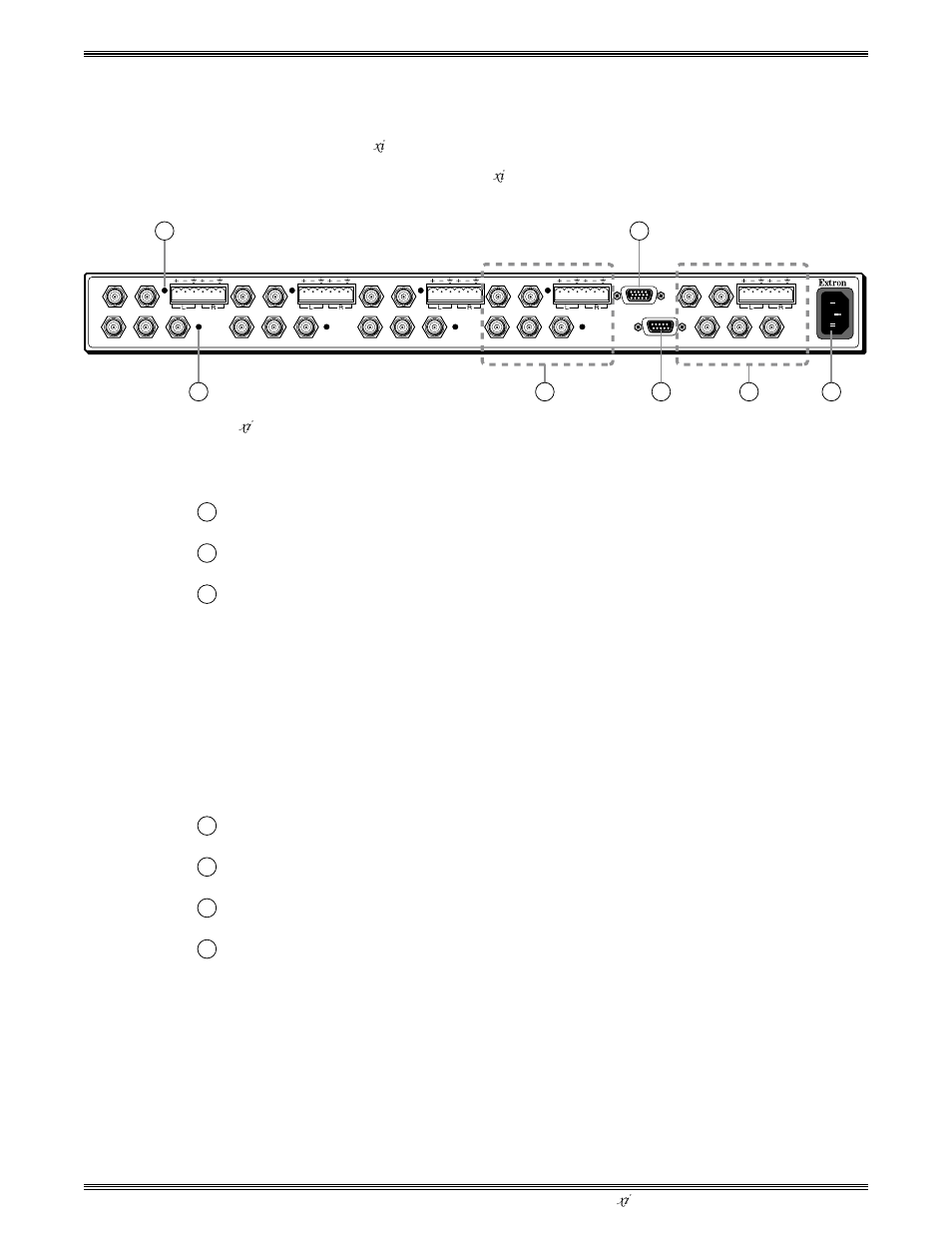 Rear panel connectors and indicators, Indicates this audio input is selected, Indicates this video input is selected | Projector communications, Rs-232 port for control by host system, Audio and video output to projector/monitor, Ac power input to autoswitching power supply, Chapter 2 • configuration and installation | Extron Electronics System 4xi Series User Manual | Page 16 / 76