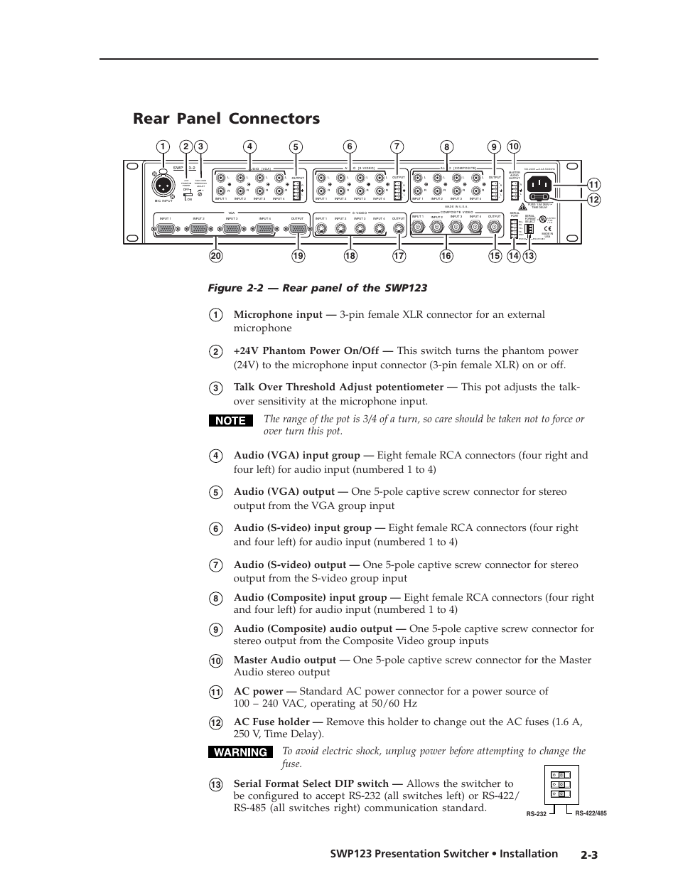 Rear panel connectors | Extron Electronics SWP123 User Manual | Page 13 / 50