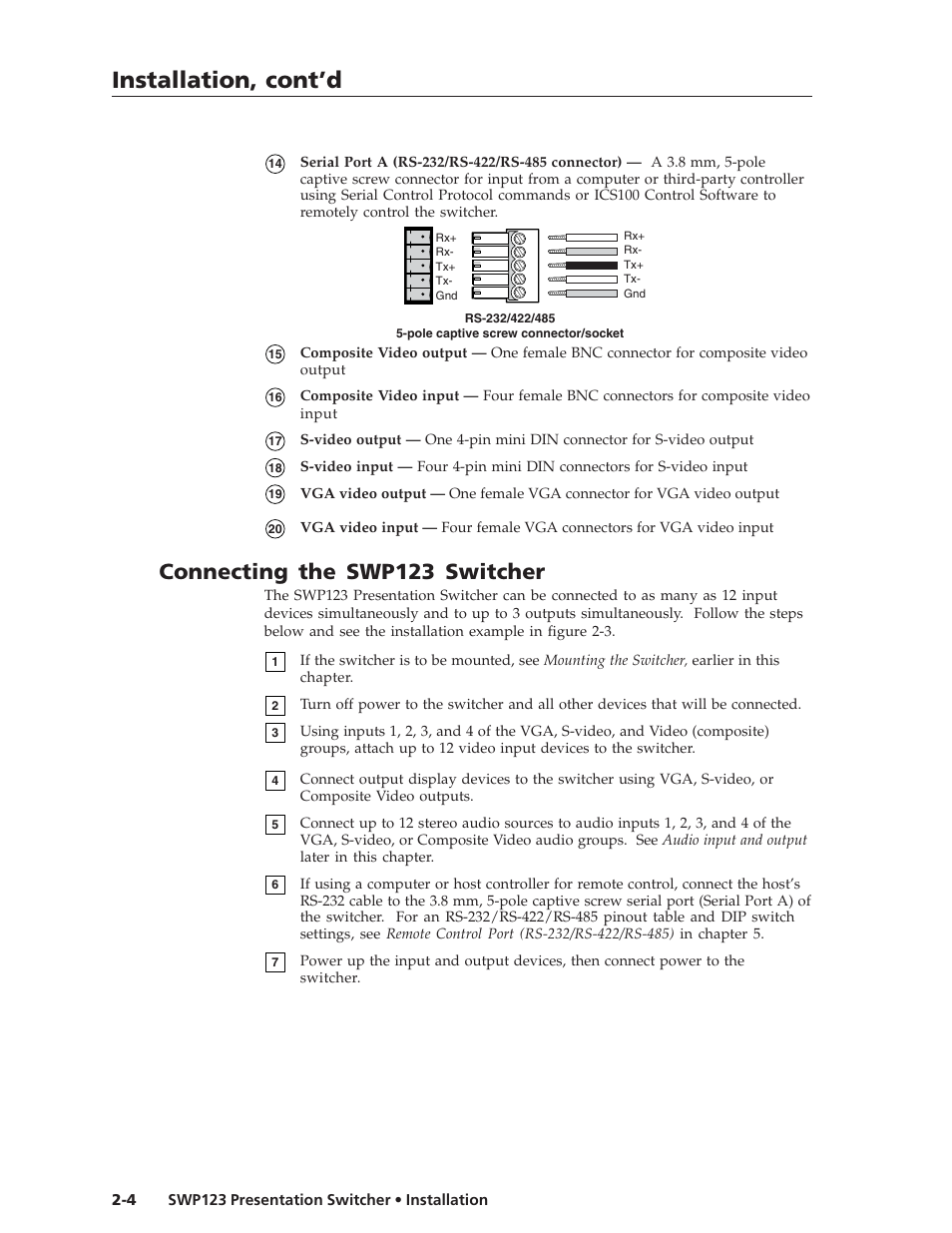 Installation, cont’d, Connecting the swp123 switcher | Extron Electronics SWP123 User Manual | Page 14 / 50