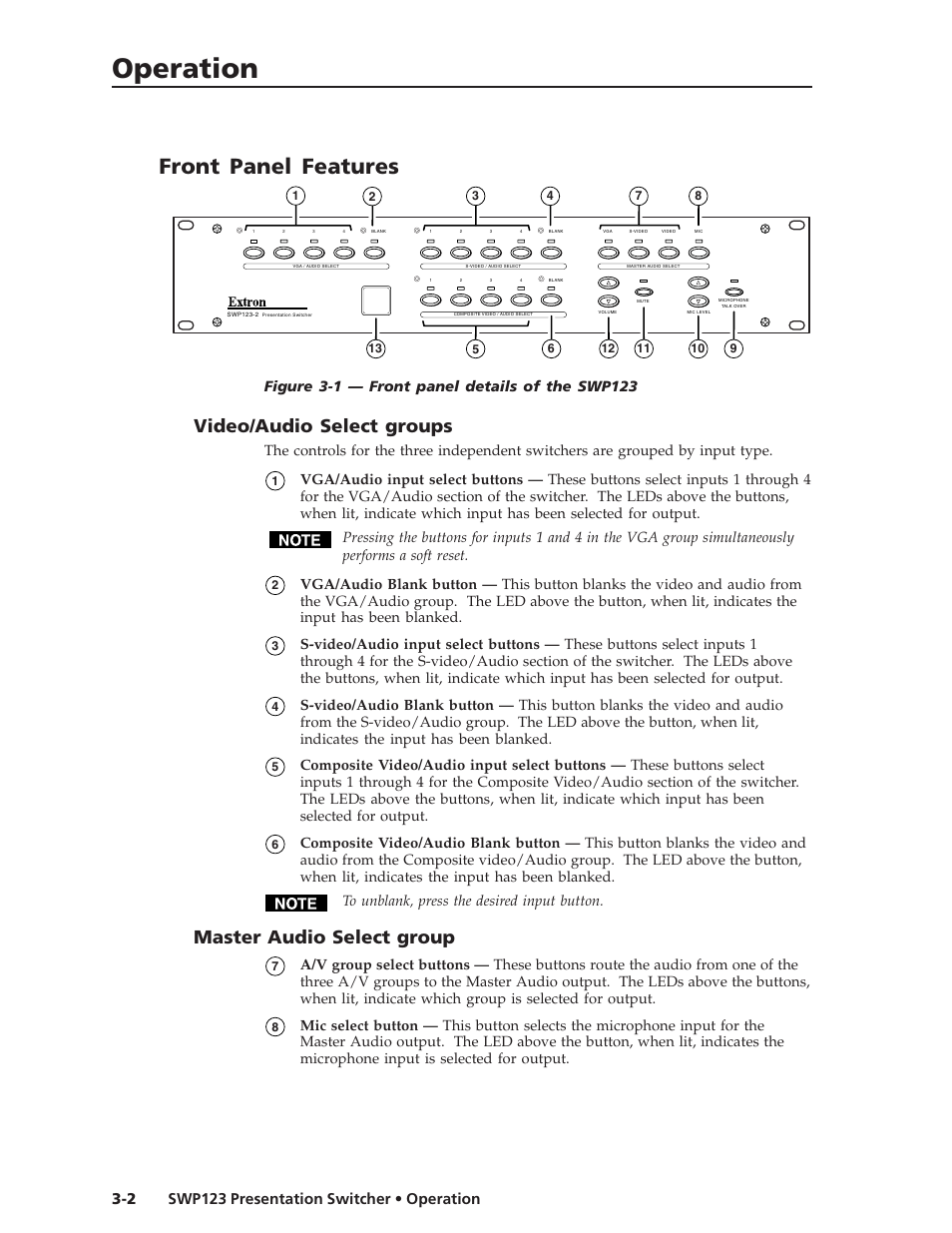 Operation, Front panel features, Video/audio select groups | Master audio select group | Extron Electronics SWP123 User Manual | Page 18 / 50