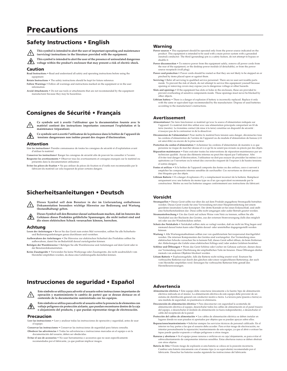 Precautions, Instrucciones de seguridad • español, Caution | Warning, Attention, Avertissement, Achtung, Vorsicht, Precaucion, Advertencia | Extron Electronics SWP123 User Manual | Page 2 / 50