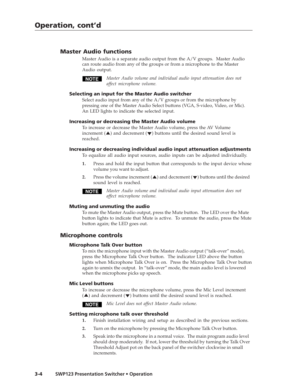 Operation, cont’d | Extron Electronics SWP123 User Manual | Page 20 / 50