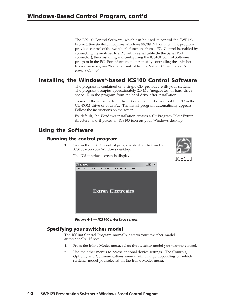 Windows-based control program, cont’d, Installing the windows, Based ics100 control software | Using the software | Extron Electronics SWP123 User Manual | Page 24 / 50