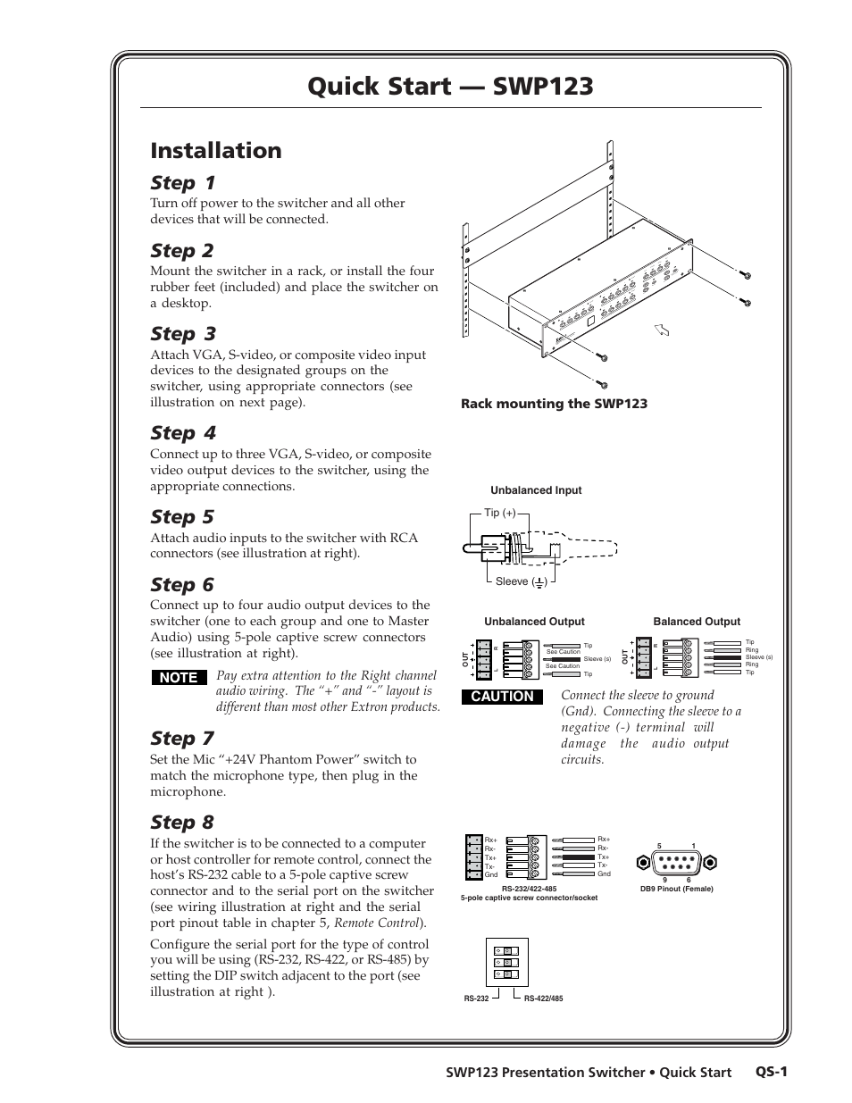 Quick start — swp123, Installation, Step 1 | Step 2, Step 3, Step 4, Step 5, Step 6, Step 7, Step 8 | Extron Electronics SWP123 User Manual | Page 3 / 50