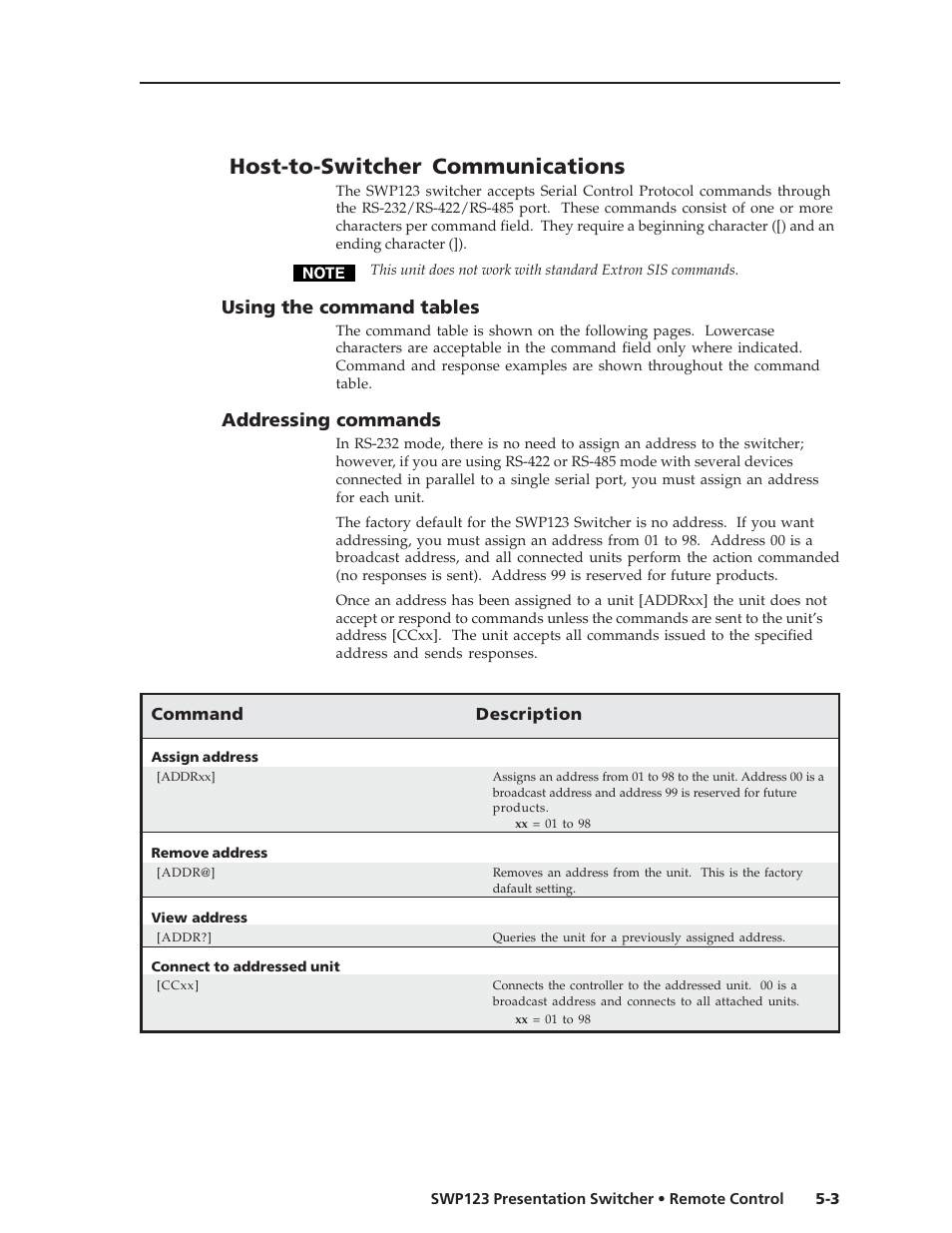 Host-to-switcher communications, Using the command tables, Addressing commands | Extron Electronics SWP123 User Manual | Page 31 / 50