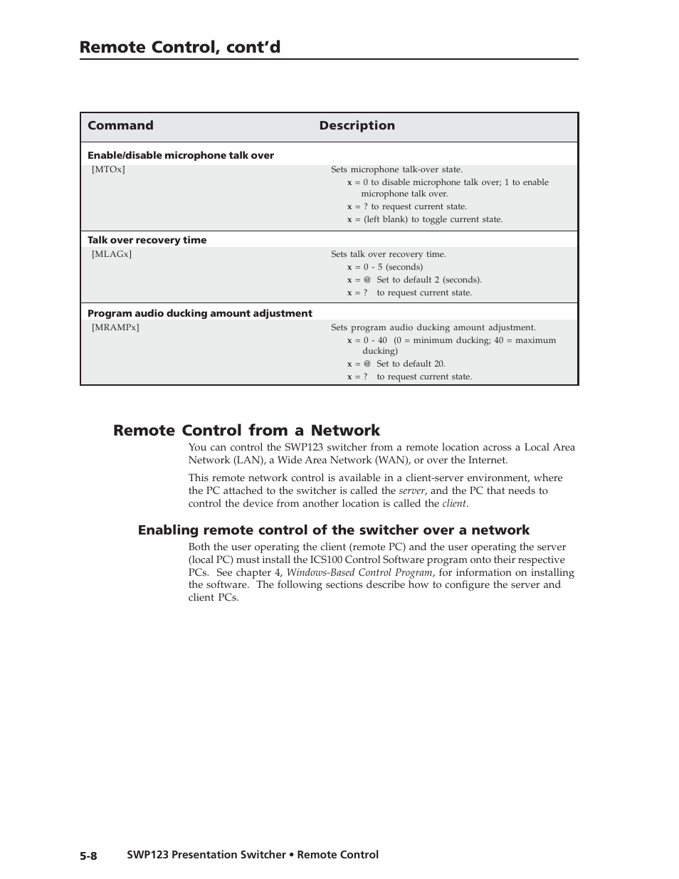 Remote control, cont’d, Remote control from a network, Command description | Extron Electronics SWP123 User Manual | Page 36 / 50