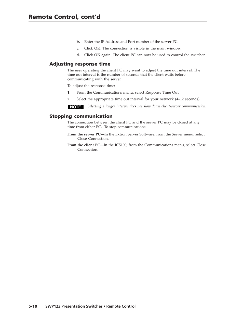 Remote control, cont’d | Extron Electronics SWP123 User Manual | Page 38 / 50