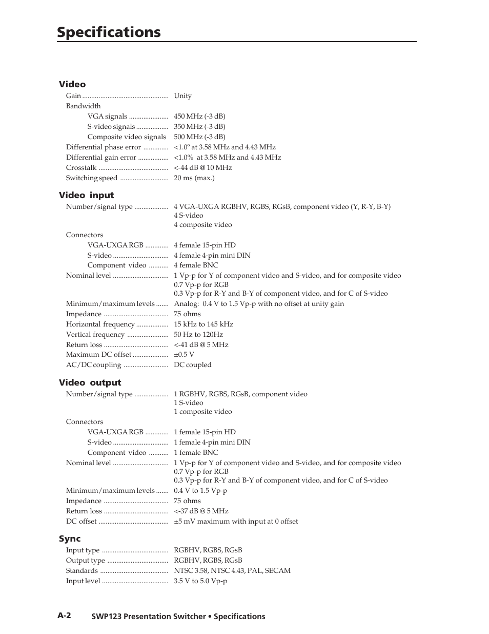 Specifications | Extron Electronics SWP123 User Manual | Page 42 / 50