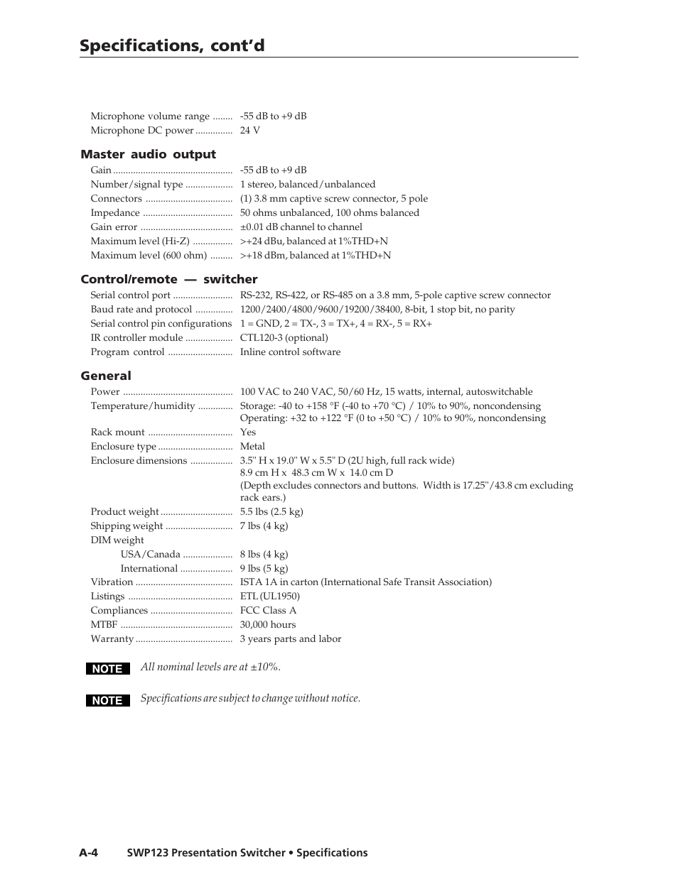 Specifications, cont’d | Extron Electronics SWP123 User Manual | Page 44 / 50