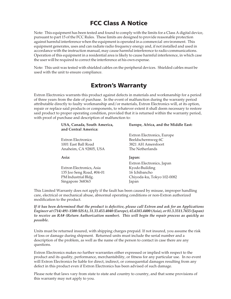 Fcc class a notice, Extron’s warranty | Extron Electronics SWP123 User Manual | Page 49 / 50