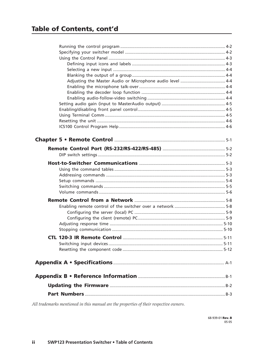 Table of contents, cont’d | Extron Electronics SWP123 User Manual | Page 6 / 50