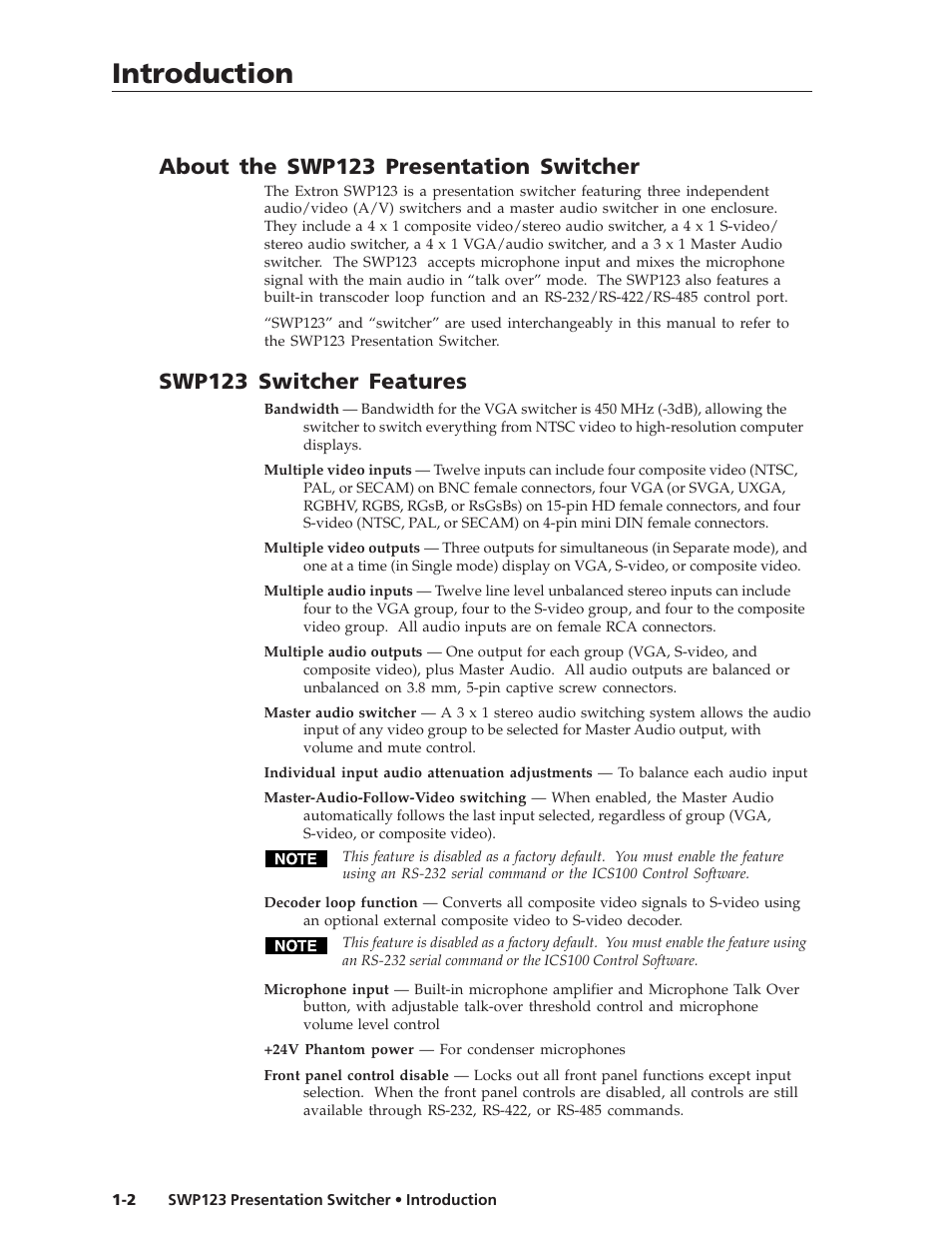 Introduction, About the swp123 presentation switcher, Swp123 switcher features | Extron Electronics SWP123 User Manual | Page 8 / 50