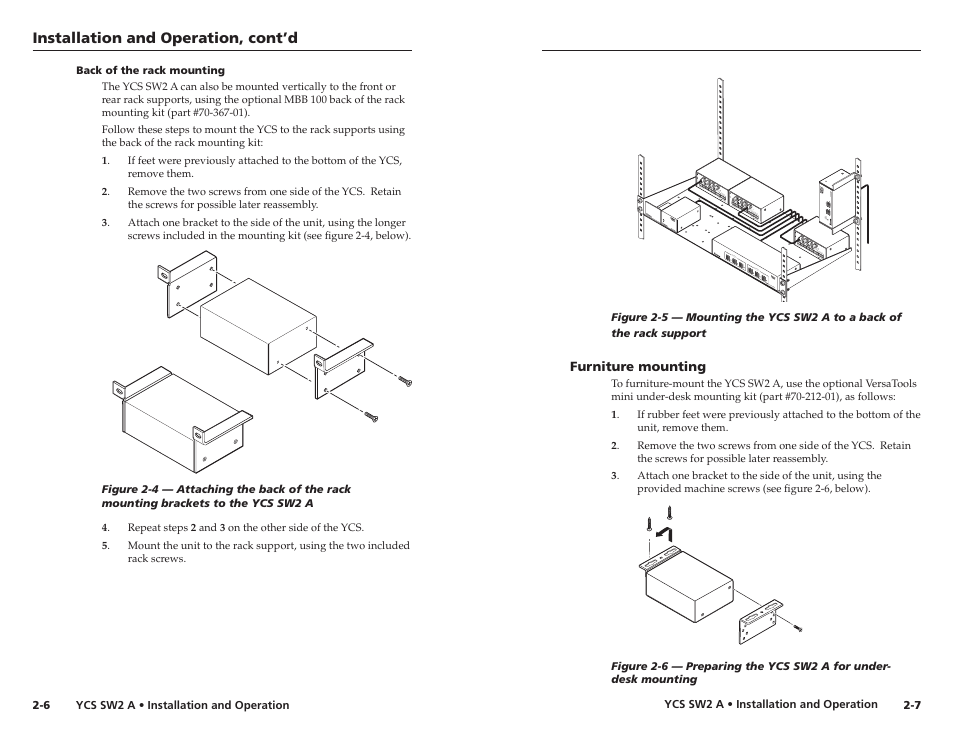 Back of the rack mounting, Furniture mounting, Back of the rack mounting -6 | Furniture mounting -7 | Extron Electronics YCS SW2 A User Guide User Manual | Page 10 / 19