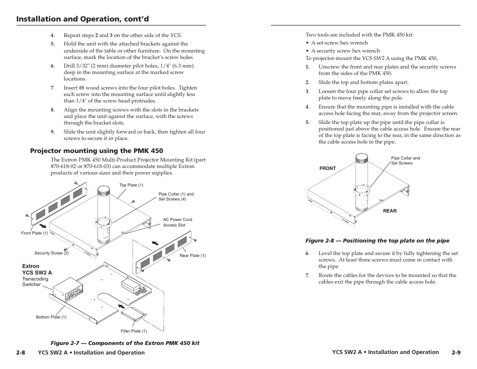 Projector mounting using the pmk 450, Projector mounting using the pmk 450 -8, Installation and operation, cont’d | Extron Electronics YCS SW2 A User Guide User Manual | Page 11 / 19
