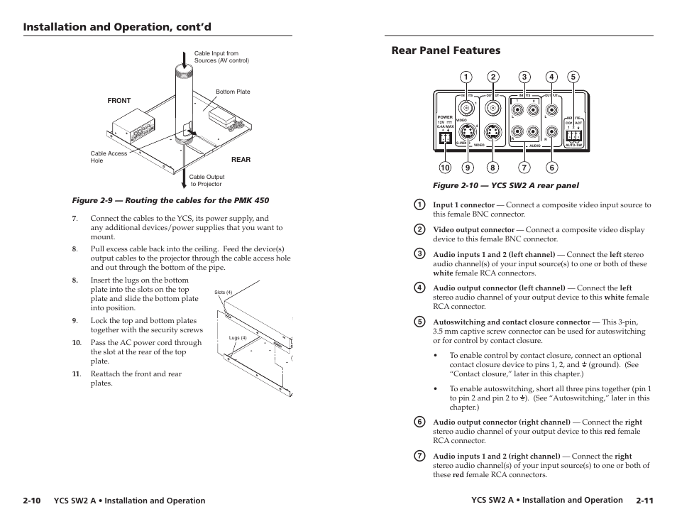 Rear panel features, Installation and operation, cont’d | Extron Electronics YCS SW2 A User Guide User Manual | Page 12 / 19