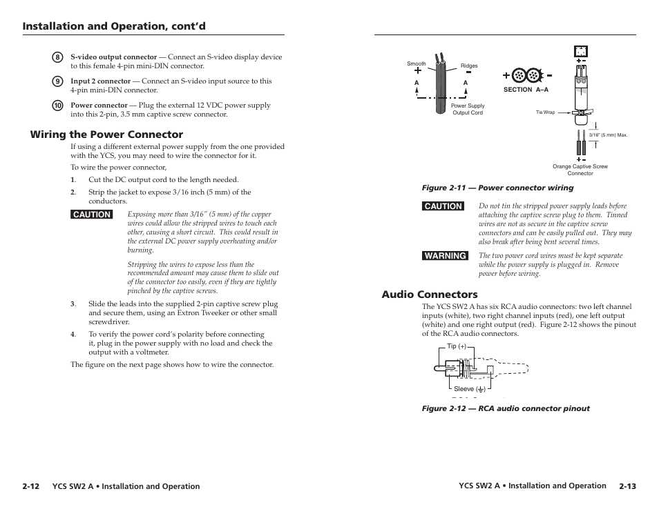 Wiring the power connector, Audio connectors, Wiring the power connector | Installation and operation, cont’d | Extron Electronics YCS SW2 A User Guide User Manual | Page 13 / 19