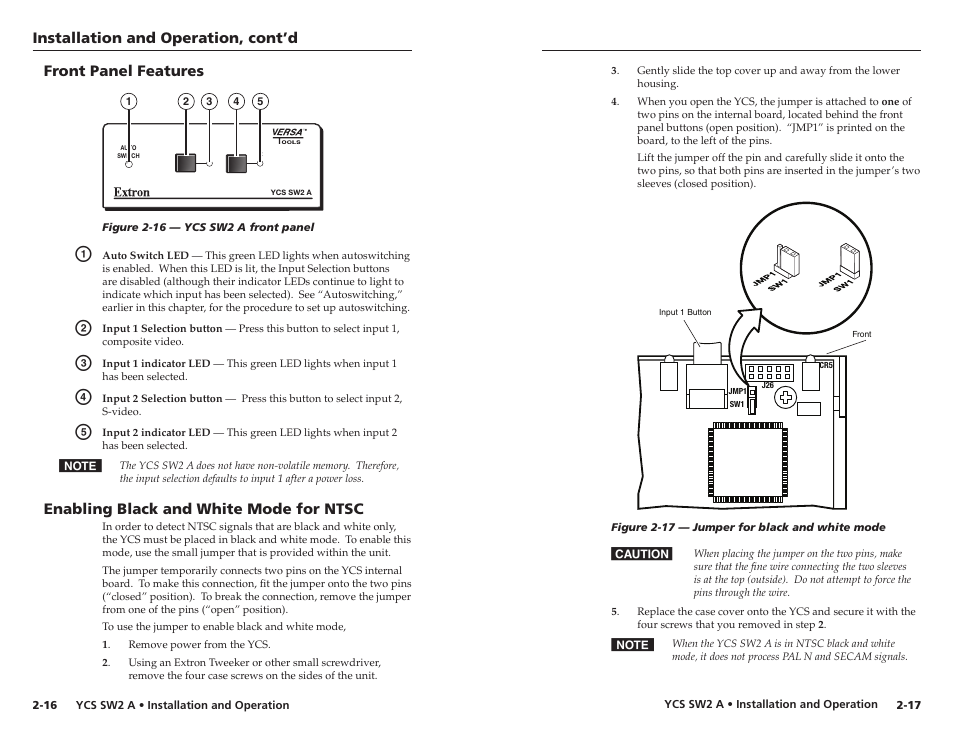 Front panel features, Enabling black and white mode for ntsc, Installation and operation, cont’d | Extron Electronics YCS SW2 A User Guide User Manual | Page 15 / 19