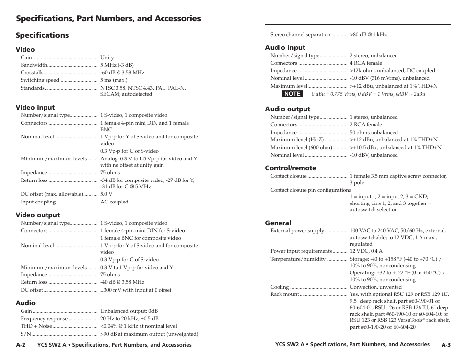 Specifications, Specifications, part numbers, and accessories | Extron Electronics YCS SW2 A User Guide User Manual | Page 17 / 19