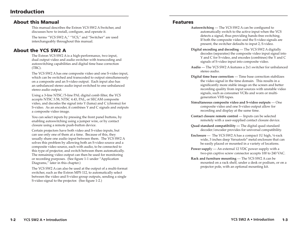 About this manual, About the ycs sw2 a, Features | Introduction | Extron Electronics YCS SW2 A User Guide User Manual | Page 6 / 19