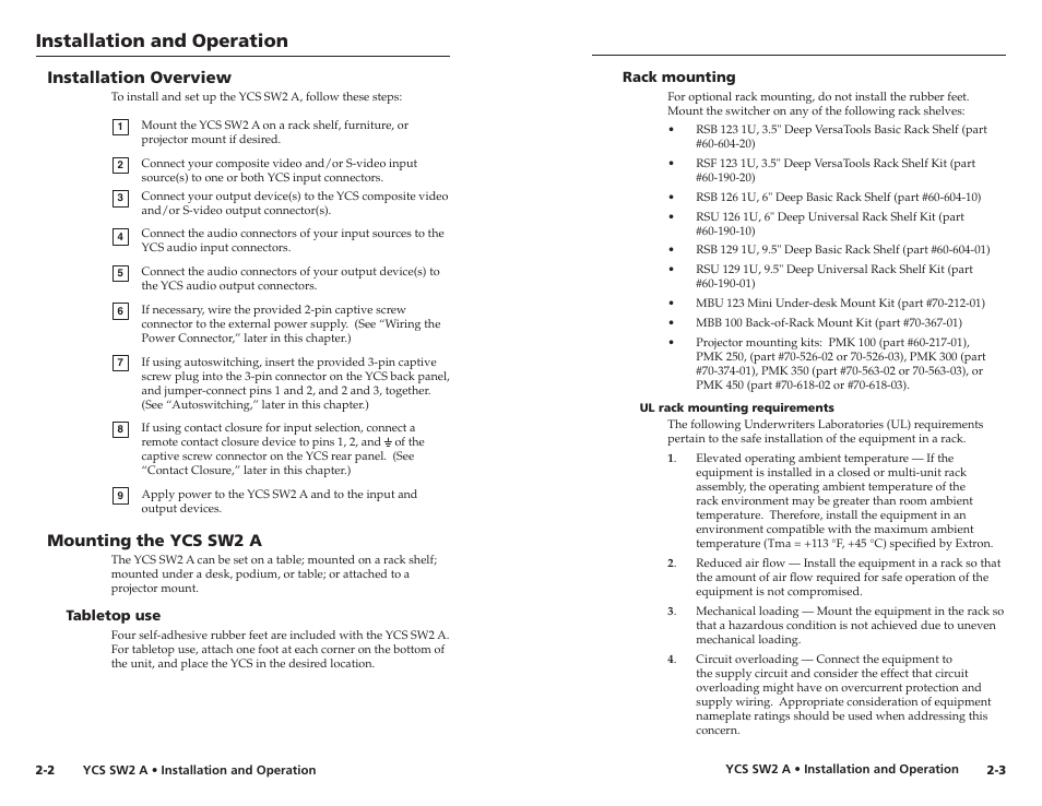 Installation overview, Mounting the ycs sw2 a, Tabletop use | Rack mounting, Ul rack mounting requirements, Tabletop use -2 rack mounting -3, Ul rack mounting requirements -3, Installation and operation | Extron Electronics YCS SW2 A User Guide User Manual | Page 8 / 19