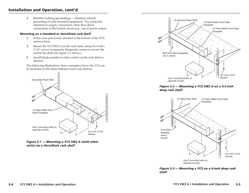 Mounting on a standard or versatools rack shelf, Mounting on a standard or versatools rack shelf -4, Installation and operation, cont’d | Extron Electronics YCS SW2 A User Guide User Manual | Page 9 / 19