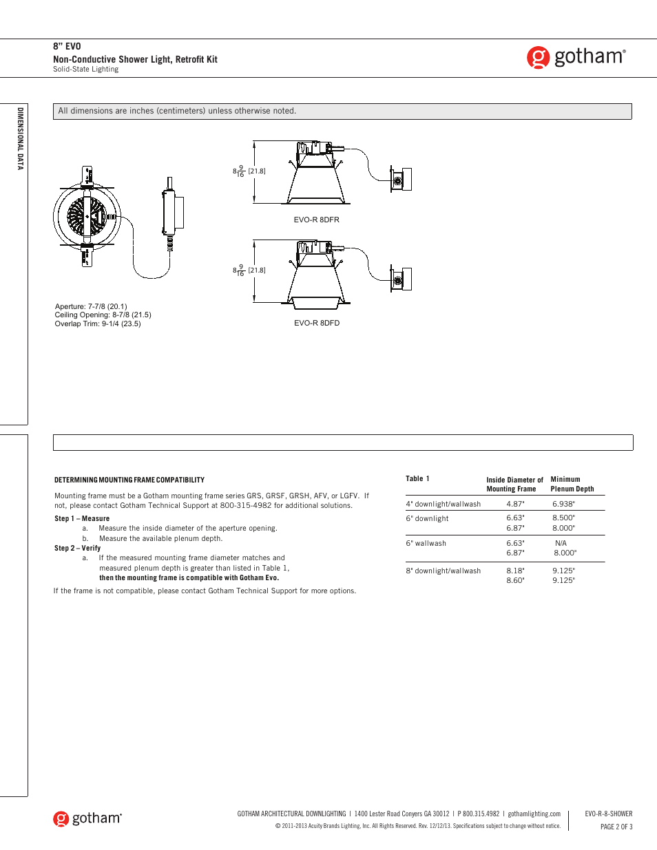 8” evo non-conductive shower light, retrofit kit | Gotham 8 Evo Non-Conductive Shower Light SpecSheet User Manual | Page 2 / 3