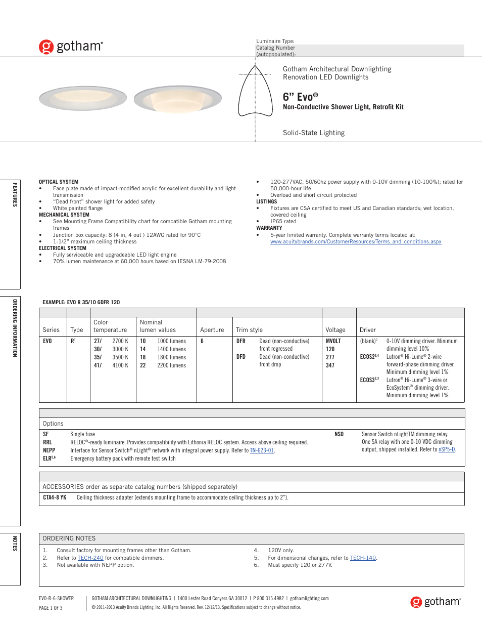Gotham 6 Evo Non-Conductive Shower Light SpecSheet User Manual | 3 pages