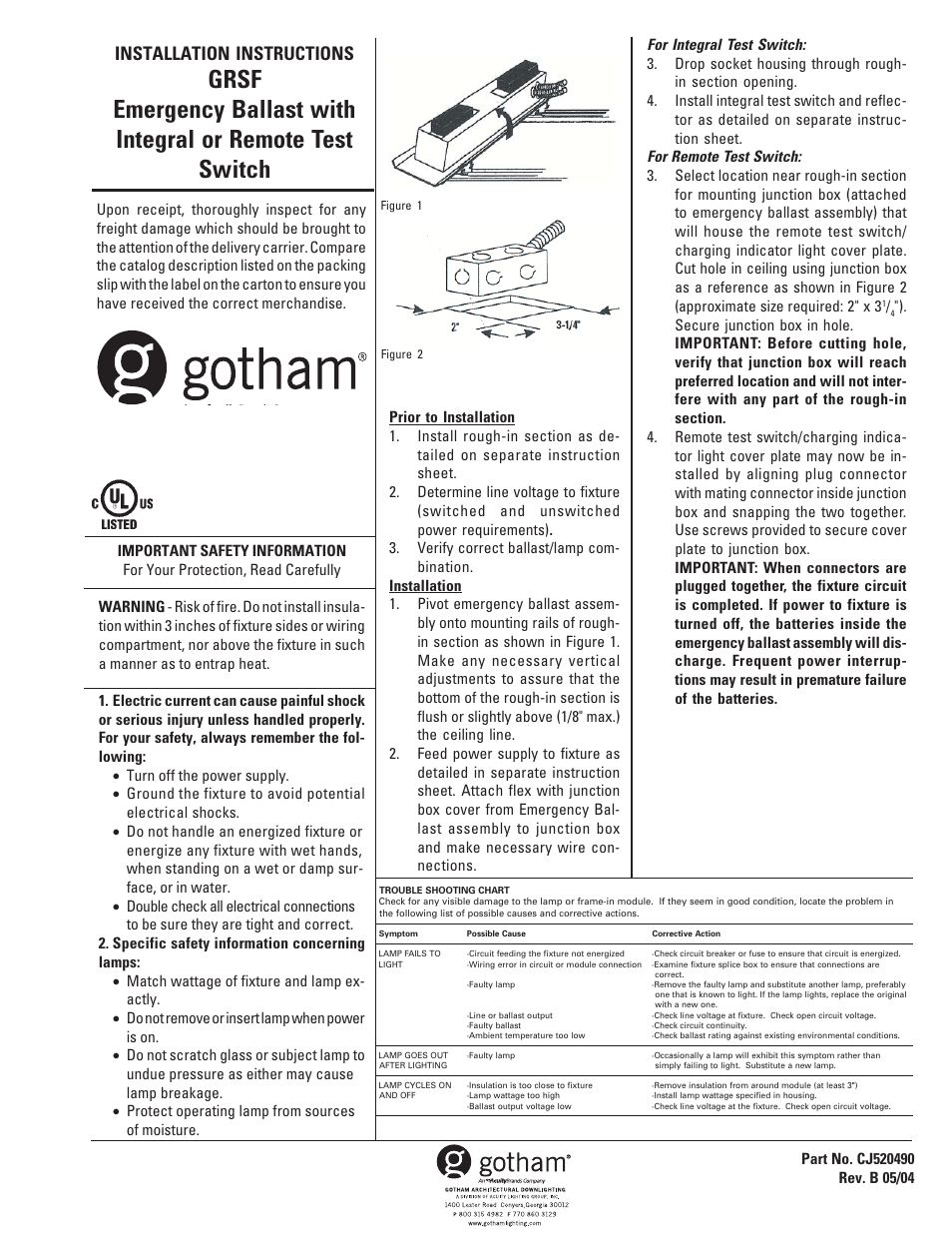 Gotham GRSF Emergency Ballast with Integral or Remote Test Switch User Manual | 1 page