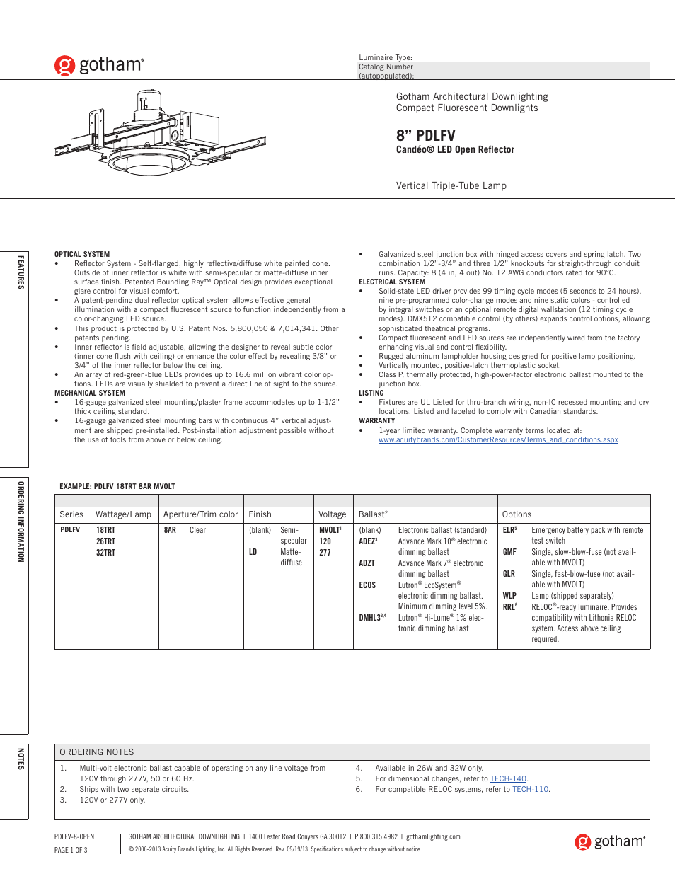 Gotham 8 PDLFV Candéo LED Open Reflector SpecSheet User Manual | 3 pages