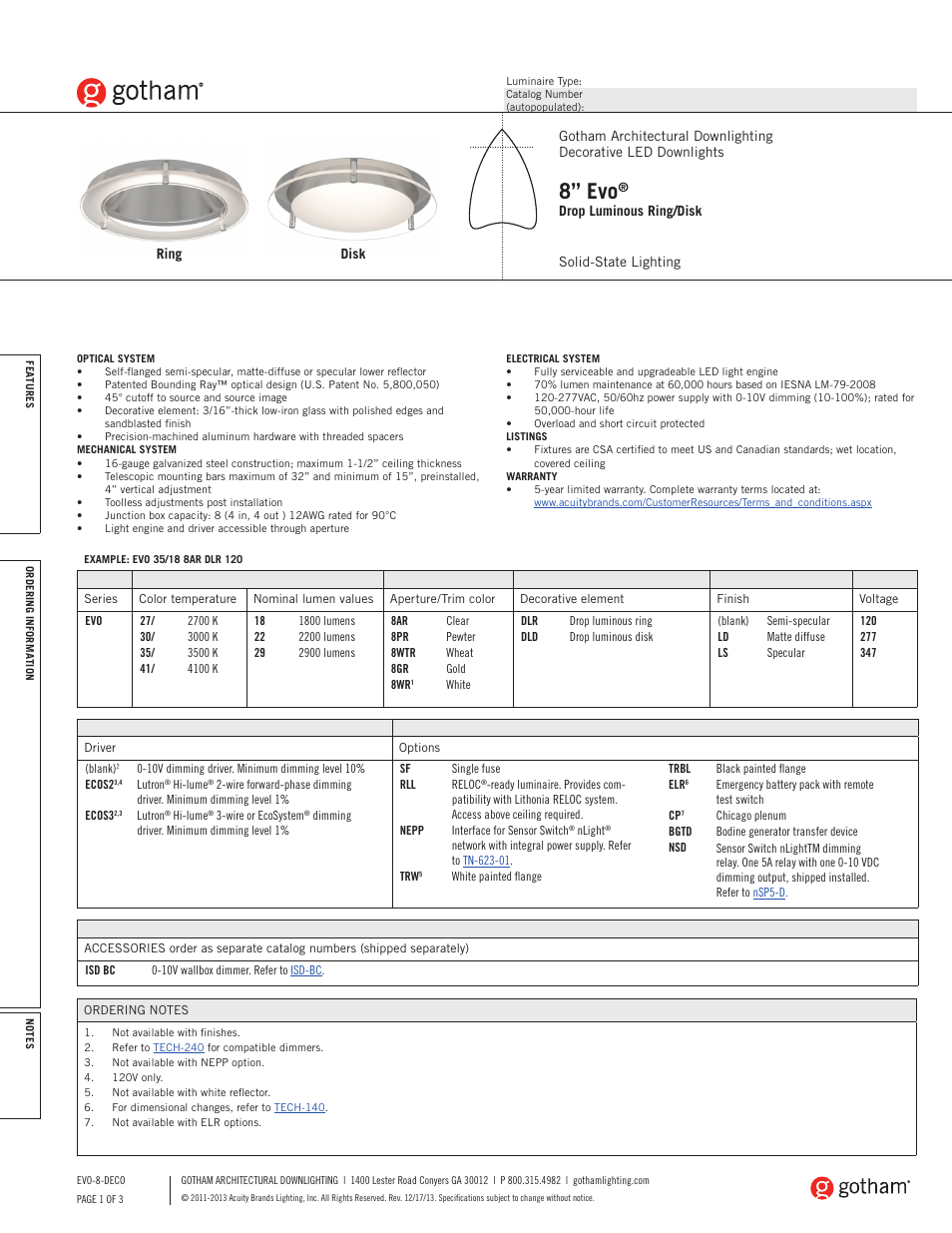 Gotham 8 Evo Drop Luminous Ring_Disk SpecSheet User Manual | 3 pages