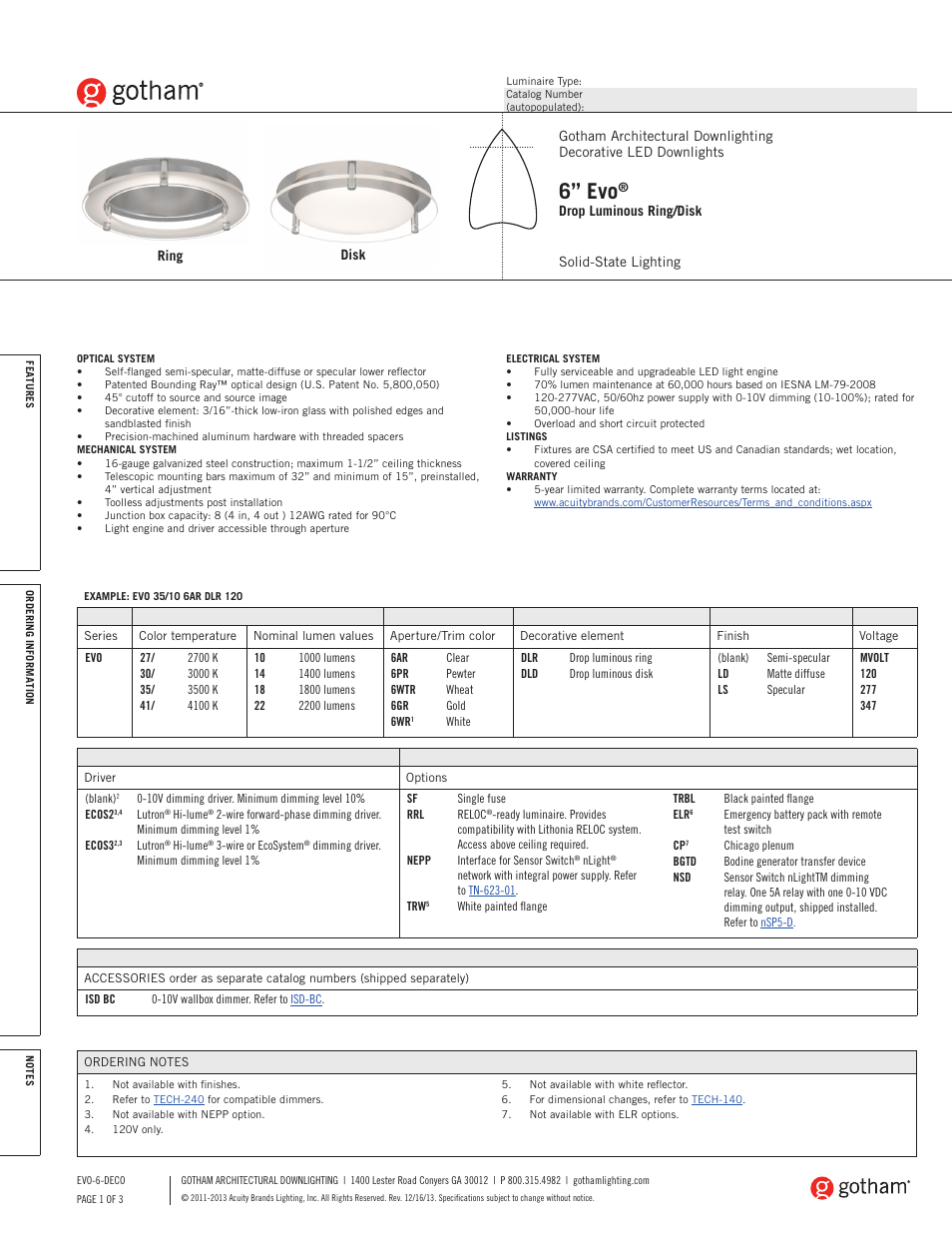 Gotham 6 Evo Drop Luminous Ring_Disk SpecSheet User Manual | 3 pages