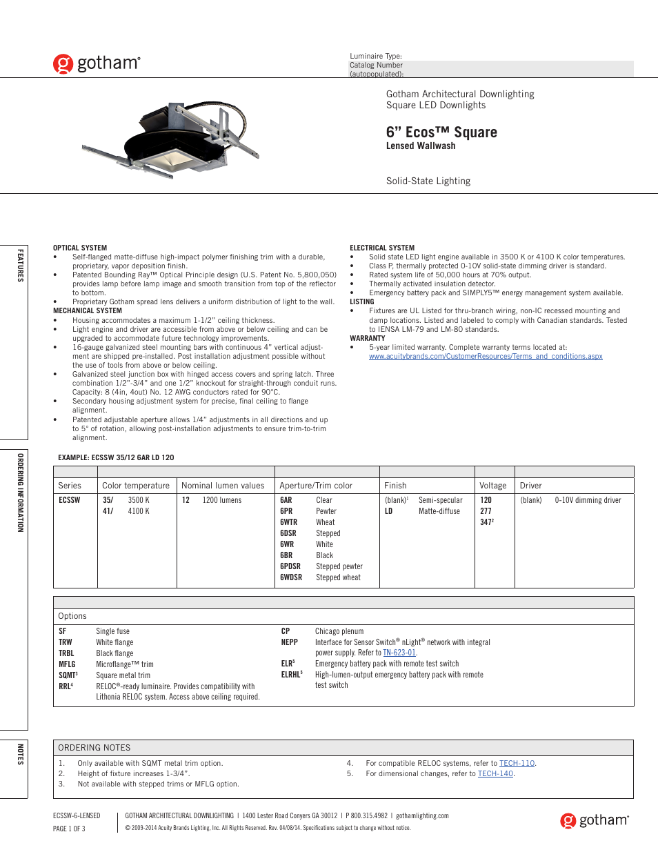 Gotham Ecos 6 Square Lensed Wallwash SpecSheet User Manual | 3 pages