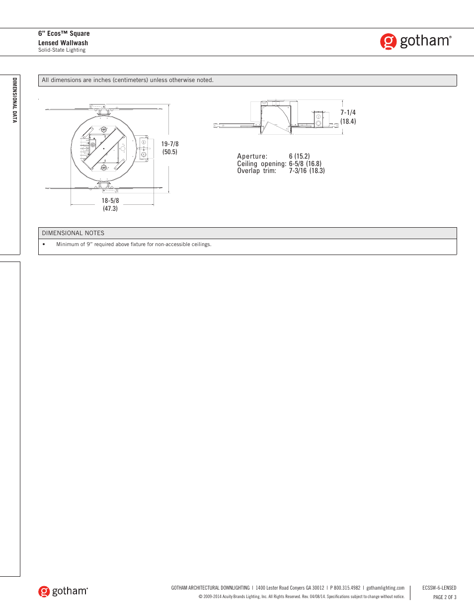 Gotham Ecos 6 Square Lensed Wallwash SpecSheet User Manual | Page 2 / 3