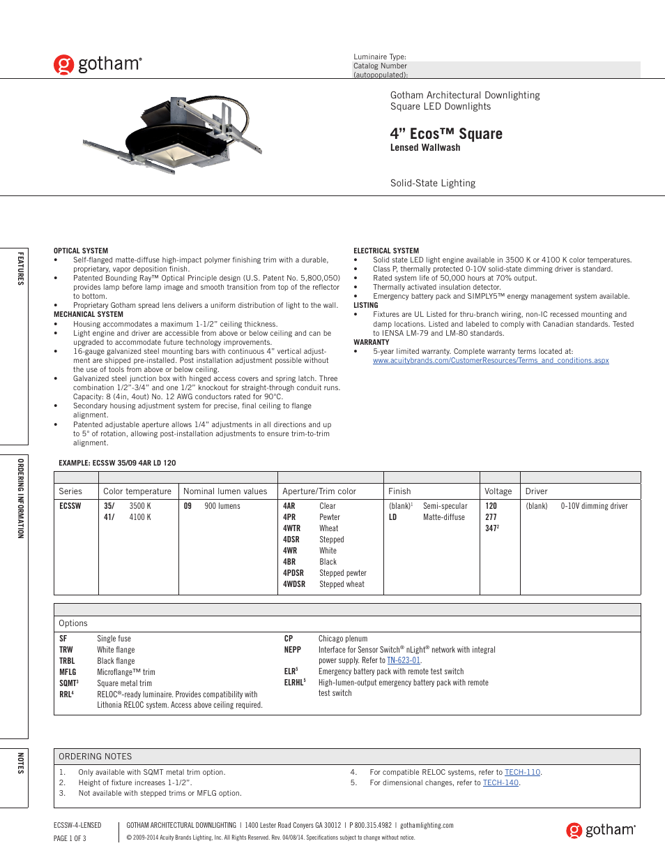 Gotham Ecos 4 Square Lensed Wallwash SpecSheet User Manual | 3 pages