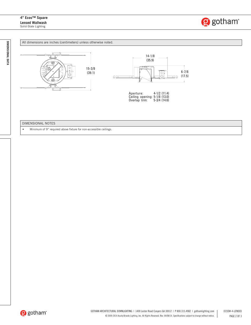 Gotham Ecos 4 Square Lensed Wallwash SpecSheet User Manual | Page 2 / 3