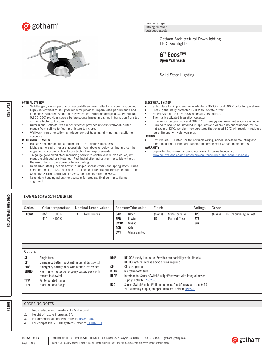 Gotham 6 Ecos Open Wallwash SpecSheet User Manual | 3 pages