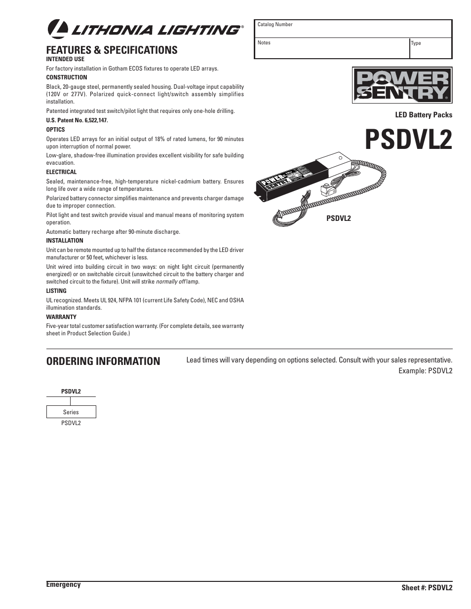 Gotham PSDVL2 LED Battery Packs User Manual | 2 pages
