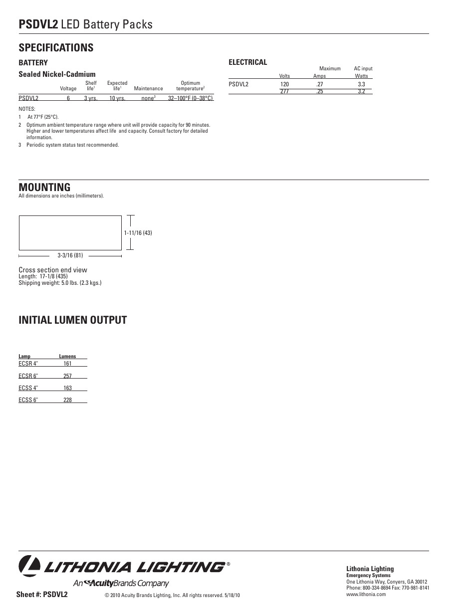 Psdvl2 led battery packs, Specifications mounting, Initial lumen output | Gotham PSDVL2 LED Battery Packs User Manual | Page 2 / 2