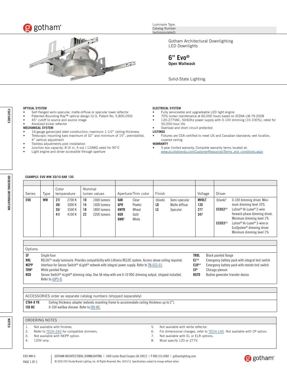 Gotham 6 Evo Open Wallwash SpecSheet User Manual | 3 pages