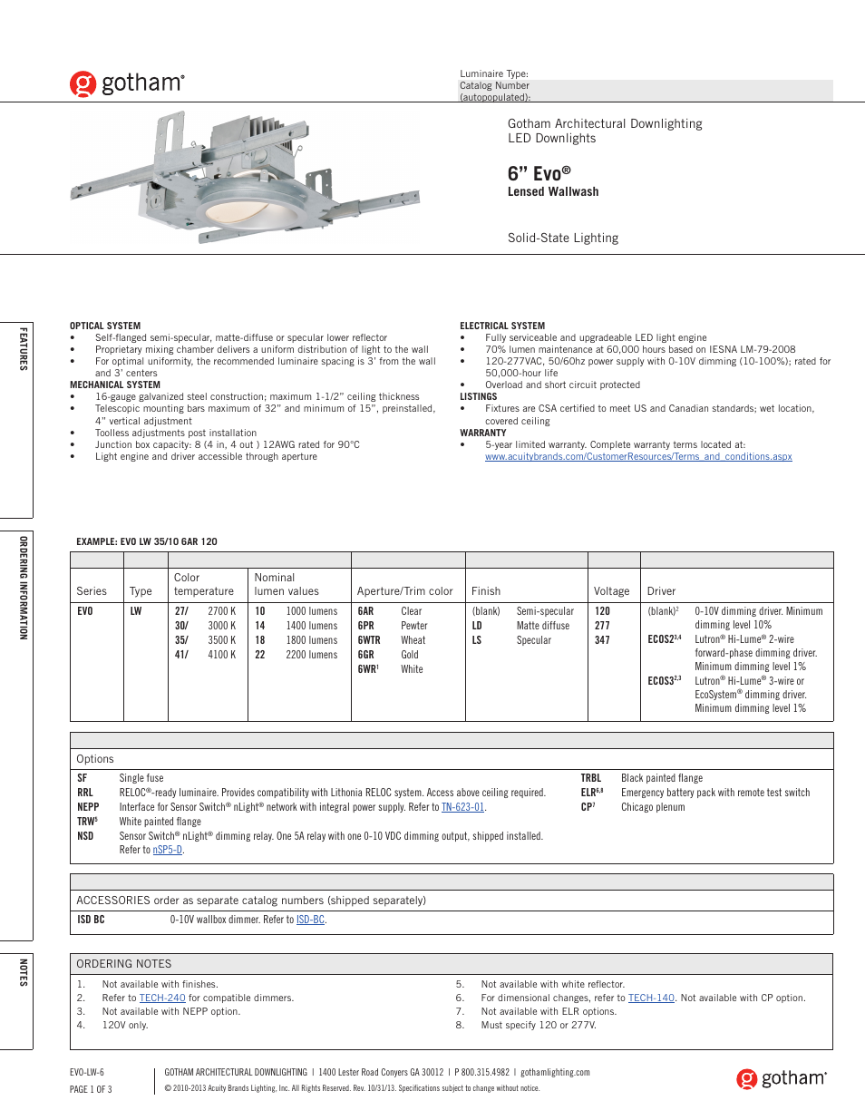 Gotham 6 Evo Lensed Wallwash SpecSheet User Manual | 3 pages