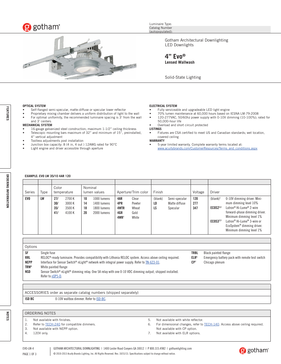Gotham 4 Evo Lensed Wallwash SpecSheet User Manual | 3 pages