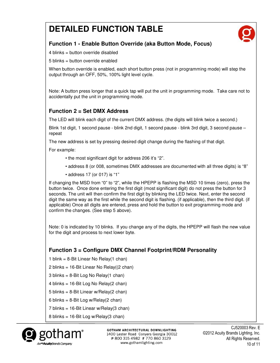Detailed function table | Gotham Incito DMX512_RDM Field Rev. E User Manual | Page 10 / 11