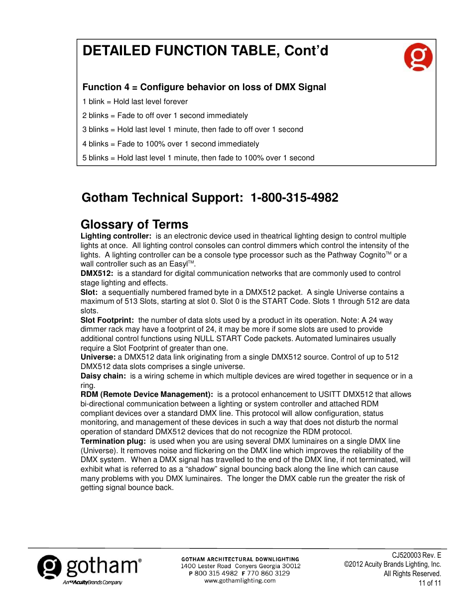 Detailed function table, cont’d | Gotham Incito DMX512_RDM Field Rev. E User Manual | Page 11 / 11