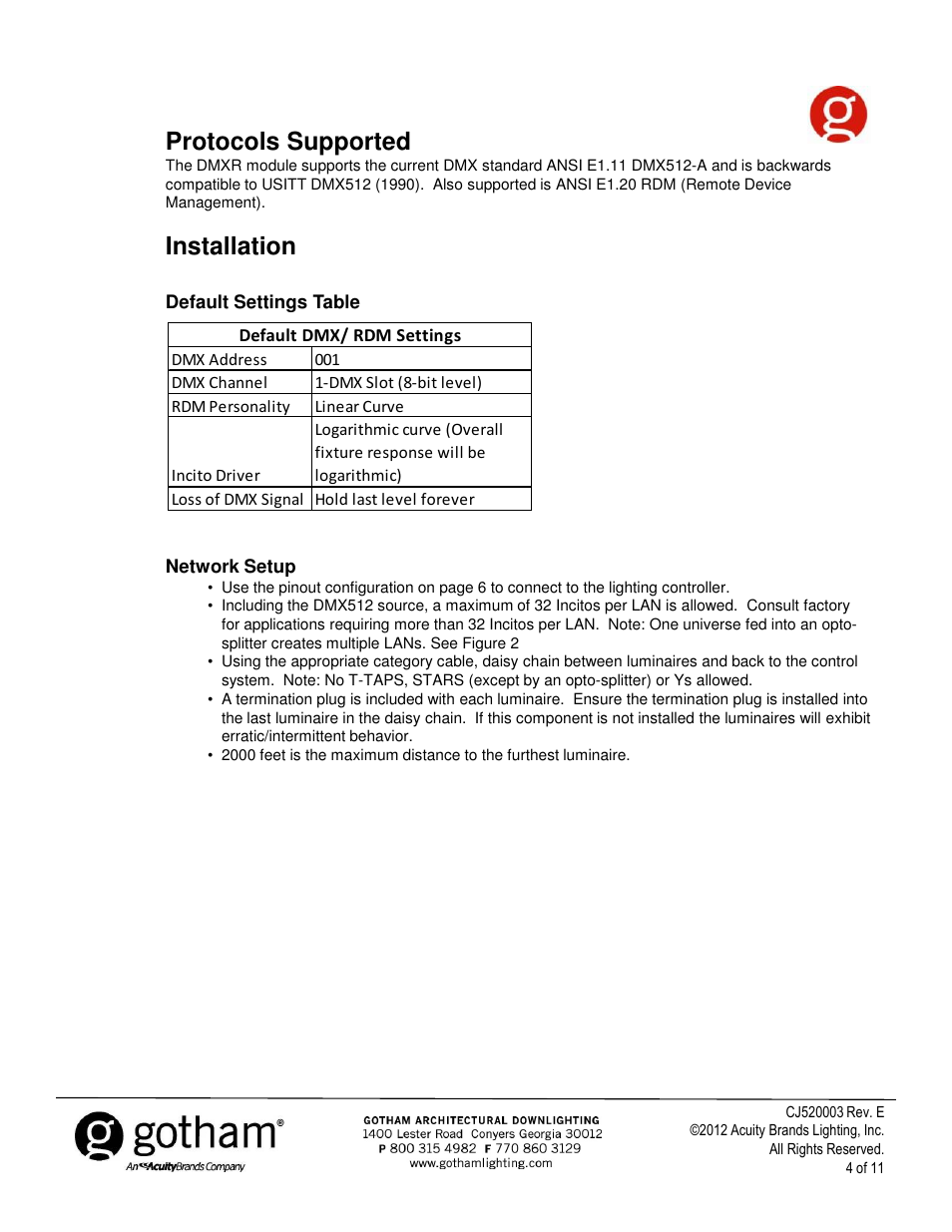 Protocols supported, Installation | Gotham Incito DMX512_RDM Field Rev. E User Manual | Page 4 / 11