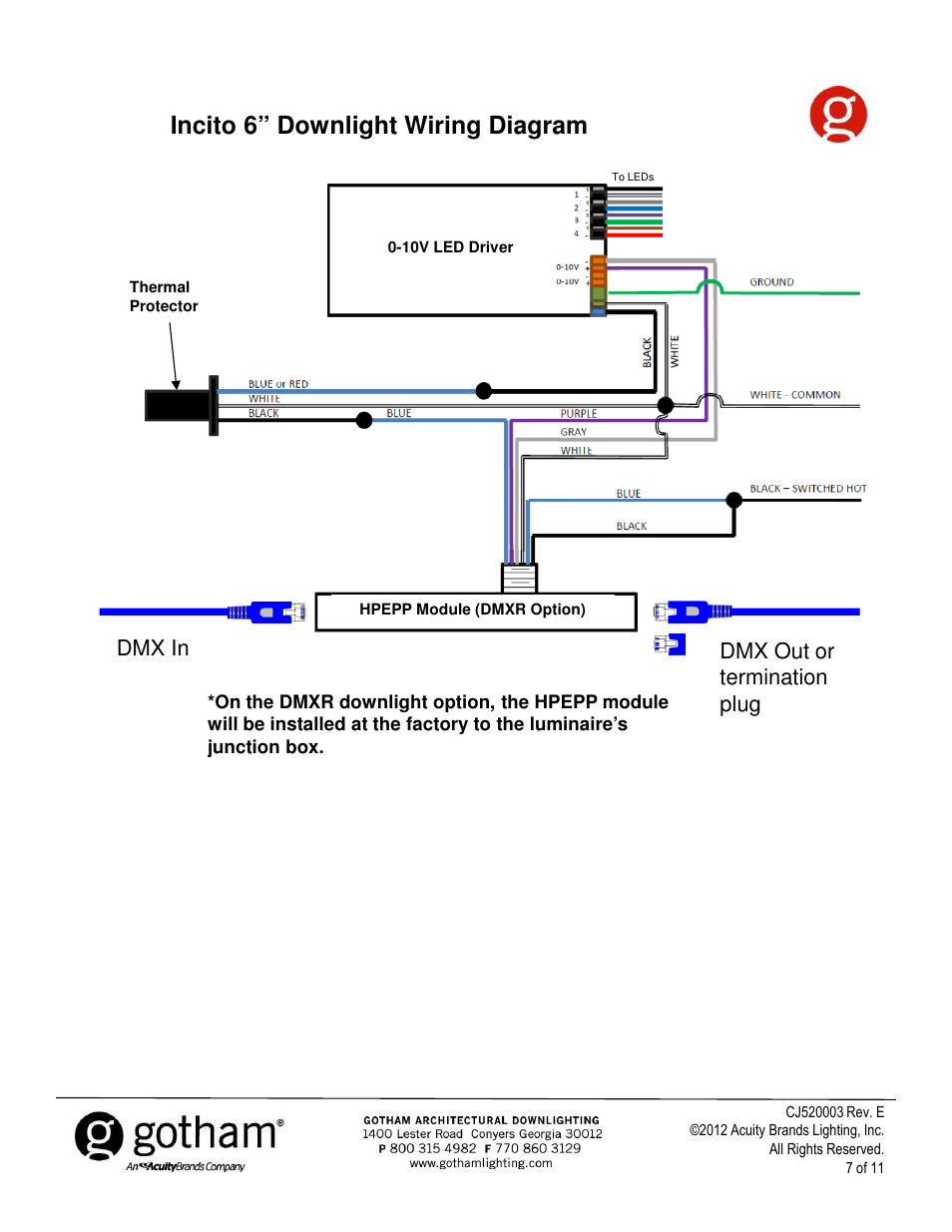 Incito 6” downlight wiring diagram, Dmx in dmx out or termination plug | Gotham Incito DMX512_RDM Field Rev. E User Manual | Page 7 / 11