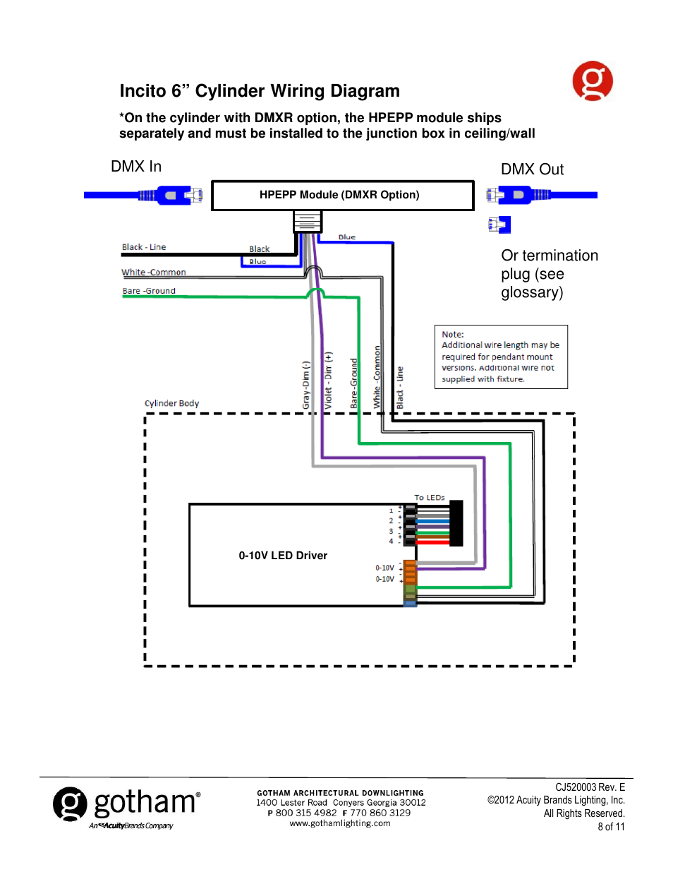 Incito 6” cylinder wiring diagram | Gotham Incito DMX512_RDM Field Rev. E User Manual | Page 8 / 11