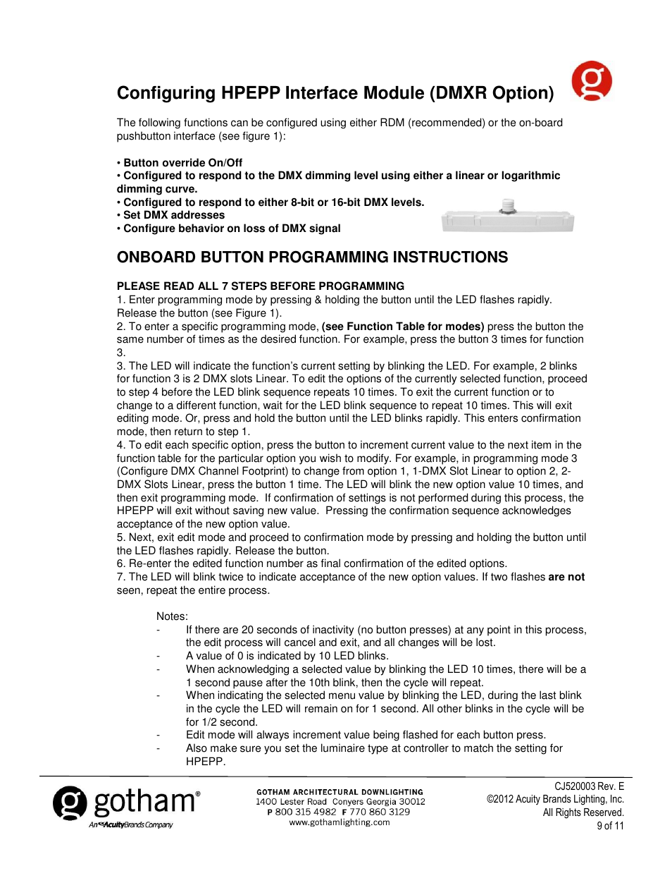 Configuring hpepp interface module (dmxr option), Onboard button programming instructions | Gotham Incito DMX512_RDM Field Rev. E User Manual | Page 9 / 11